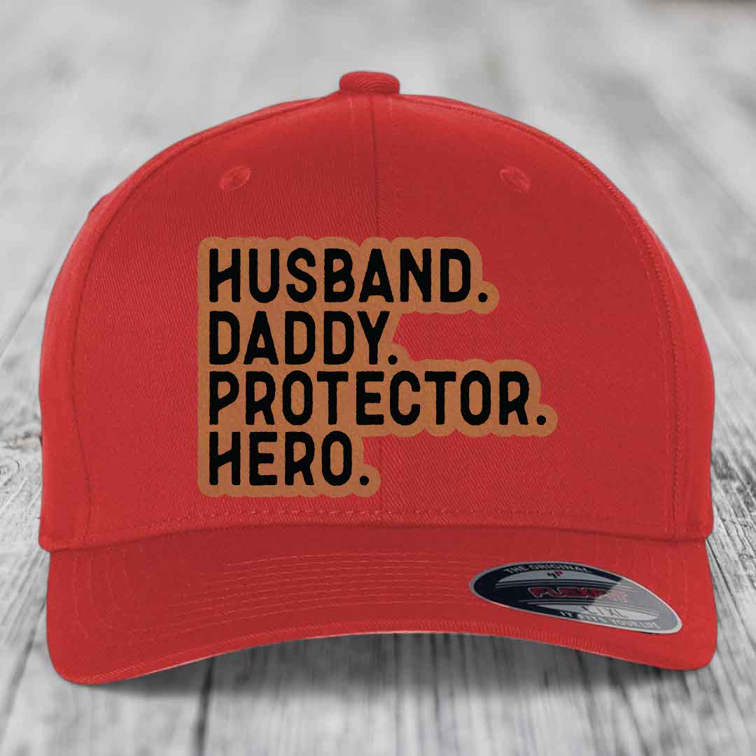 Husband Daddy Protector Hero - Leather Patch Hat - Rawhide to Black Patch - Flexfit 6277 Fitted Hat