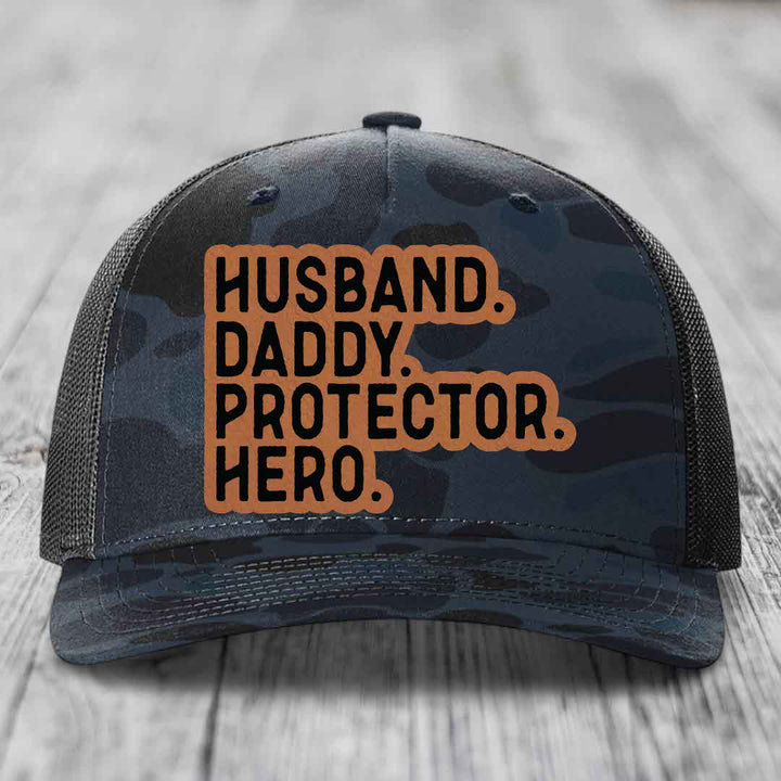 Husband Daddy Protector Hero - Leather Patch Hat - Rawhide to Black Patch - Richardson 112PFP Snapback Trucker Hat