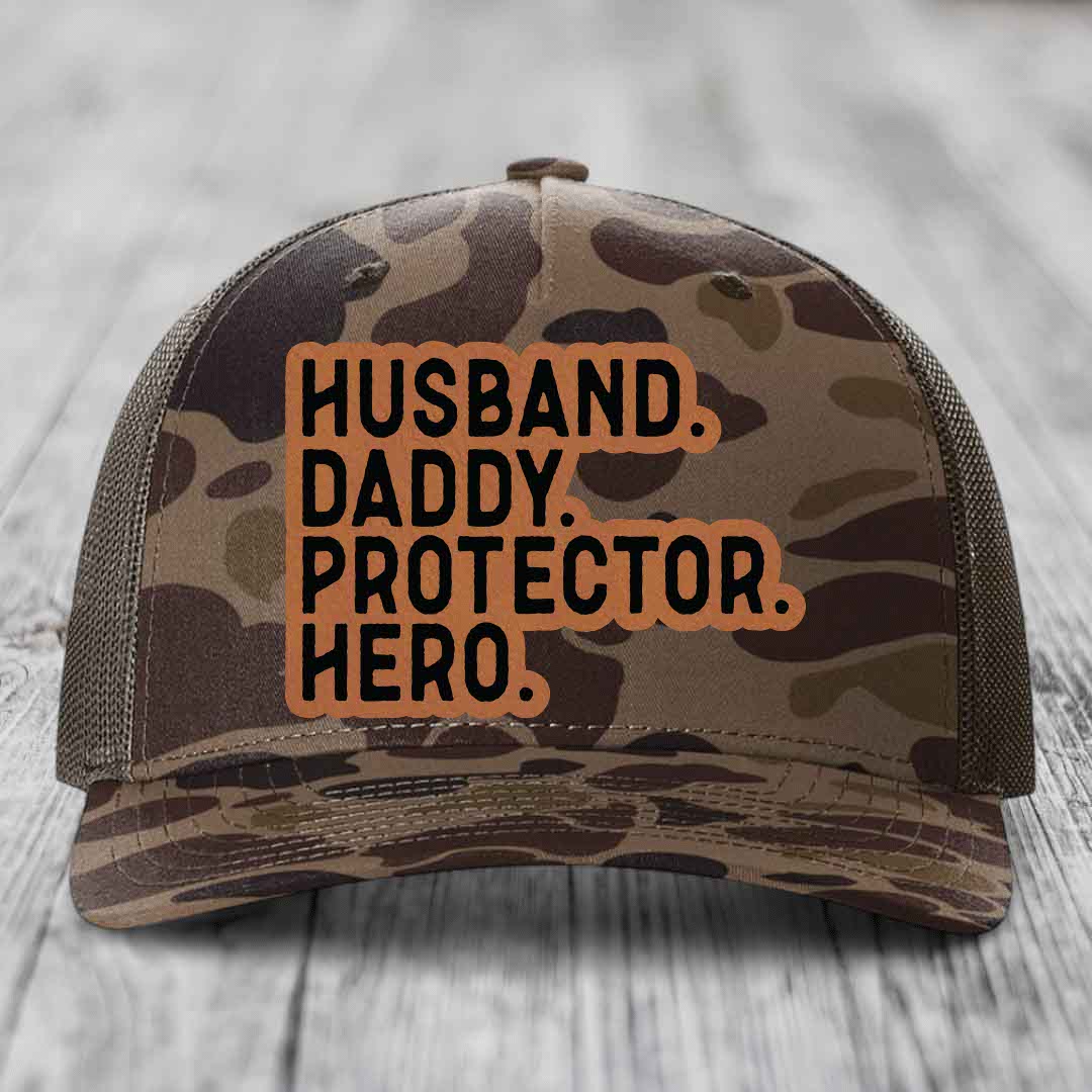 Husband Daddy Protector Hero - Leather Patch Hat - Rawhide to Black Patch - Richardson 112PFP Snapback Trucker Hat