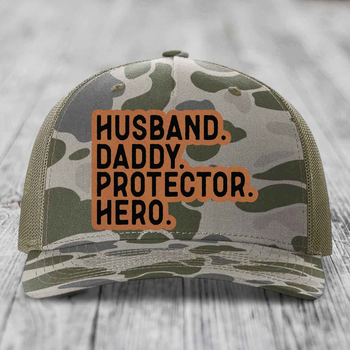 Husband Daddy Protector Hero - Leather Patch Hat - Rawhide to Black Patch - Richardson 112PFP Snapback Trucker Hat
