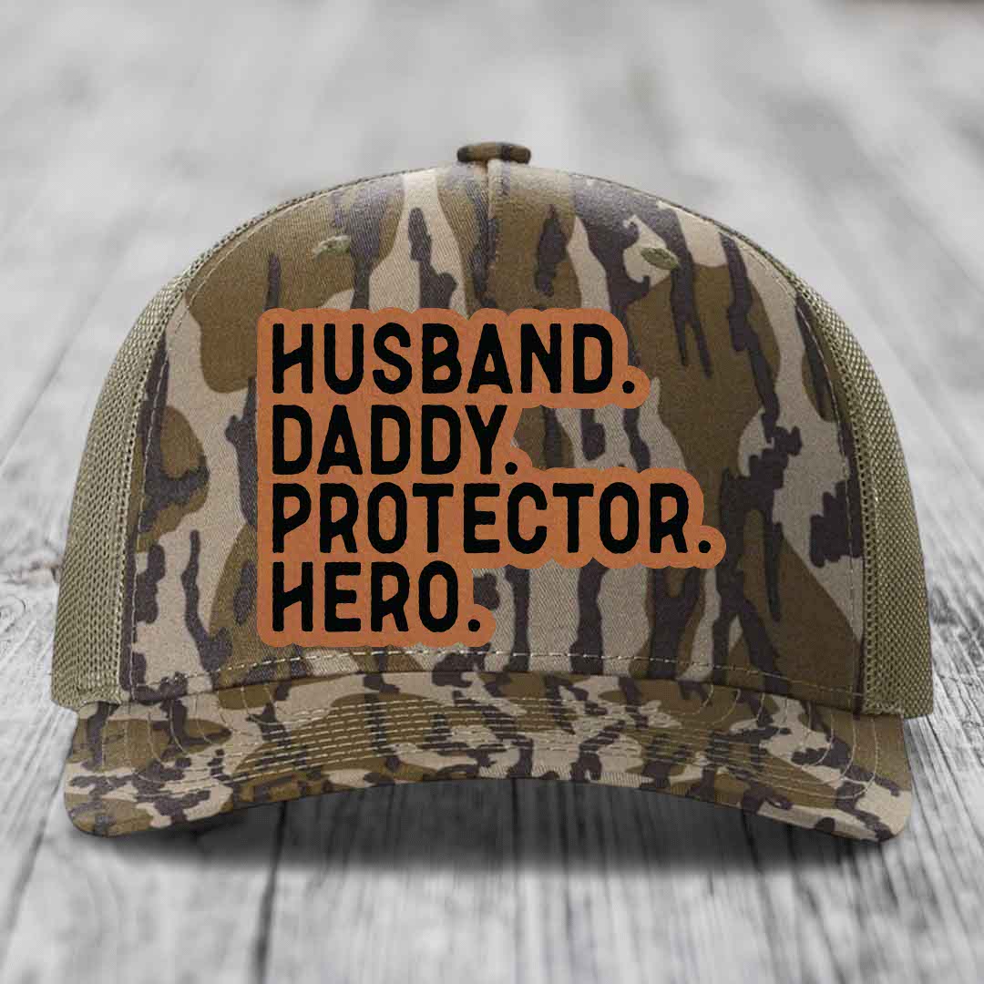 Husband Daddy Protector Hero - Leather Patch Hat - Rawhide to Black Patch - Richardson 112PFP Snapback Trucker Hat