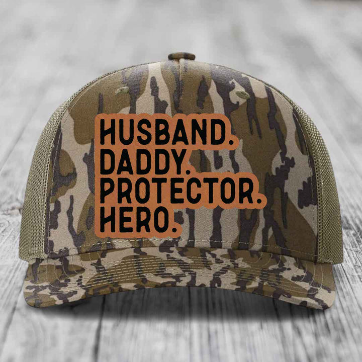 Husband Daddy Protector Hero - Leather Patch Hat - Rawhide to Black Patch - Richardson 112PFP Snapback Trucker Hat