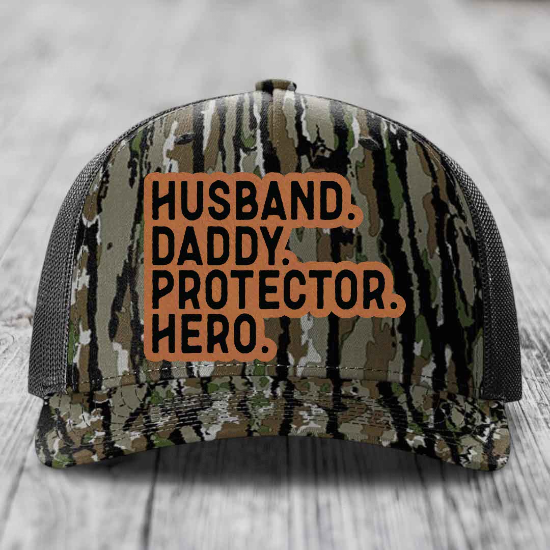 Husband Daddy Protector Hero - Leather Patch Hat - Rawhide to Black Patch - Richardson 112PFP Snapback Trucker Hat