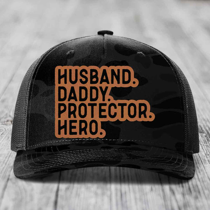 Husband Daddy Protector Hero - Leather Patch Hat - Rawhide to Black Patch - Richardson 112PFP Snapback Trucker Hat