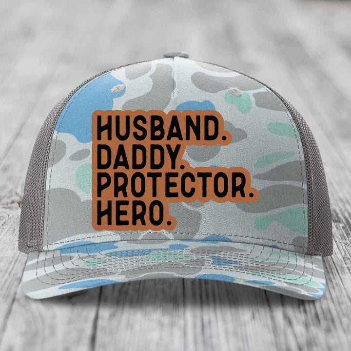 Husband Daddy Protector Hero - Leather Patch Hat - Rawhide to Black Patch - Richardson 112PFP Snapback Trucker Hat