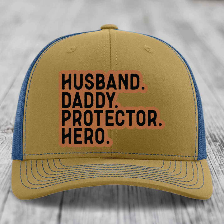 Husband Daddy Protector Hero - Leather Patch Hat - Rawhide to Black Patch - Richardson 112 Snapback Trucker Hat