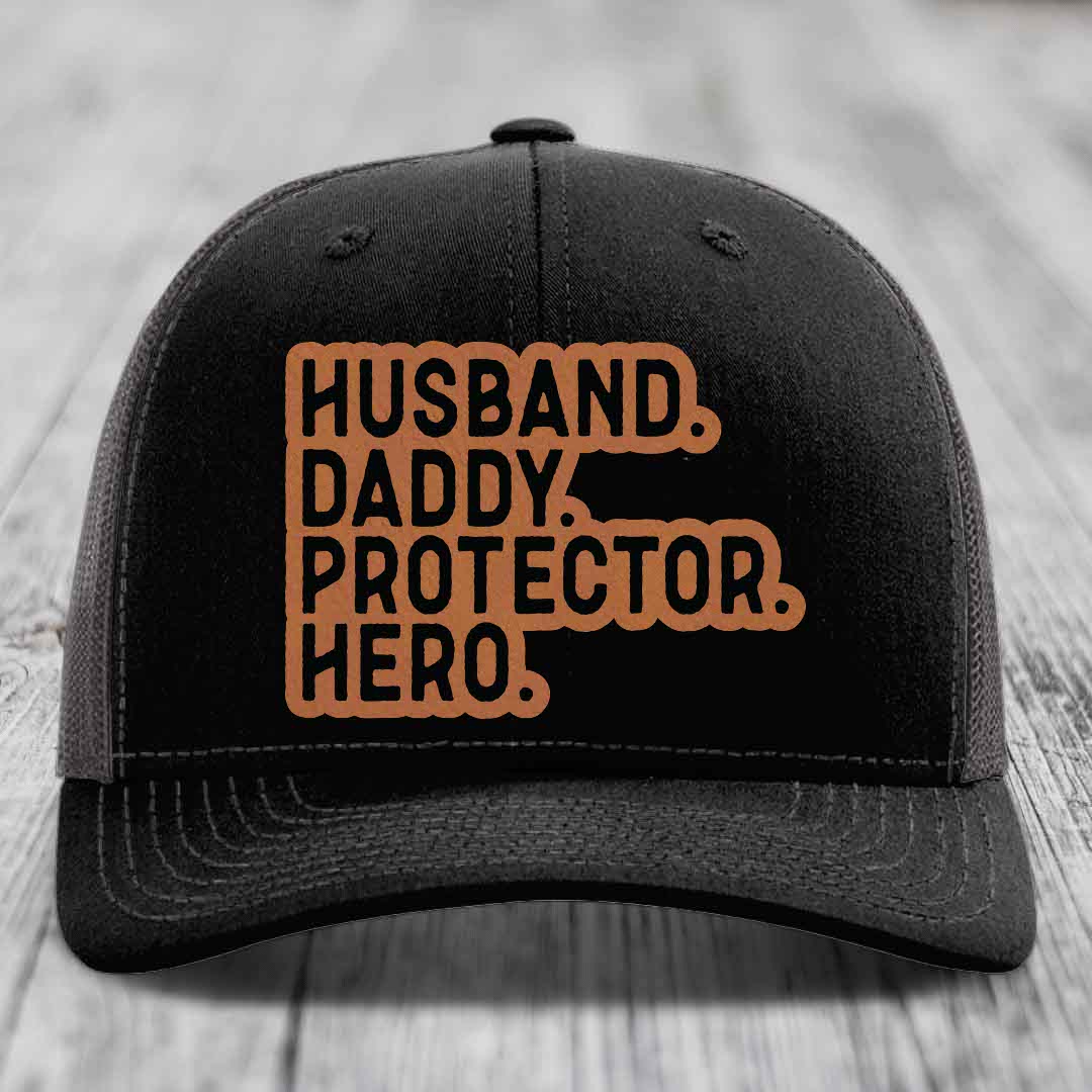 Husband Daddy Protector Hero - Leather Patch Hat - Rawhide to Black Patch - Richardson 112 Snapback Trucker Hat