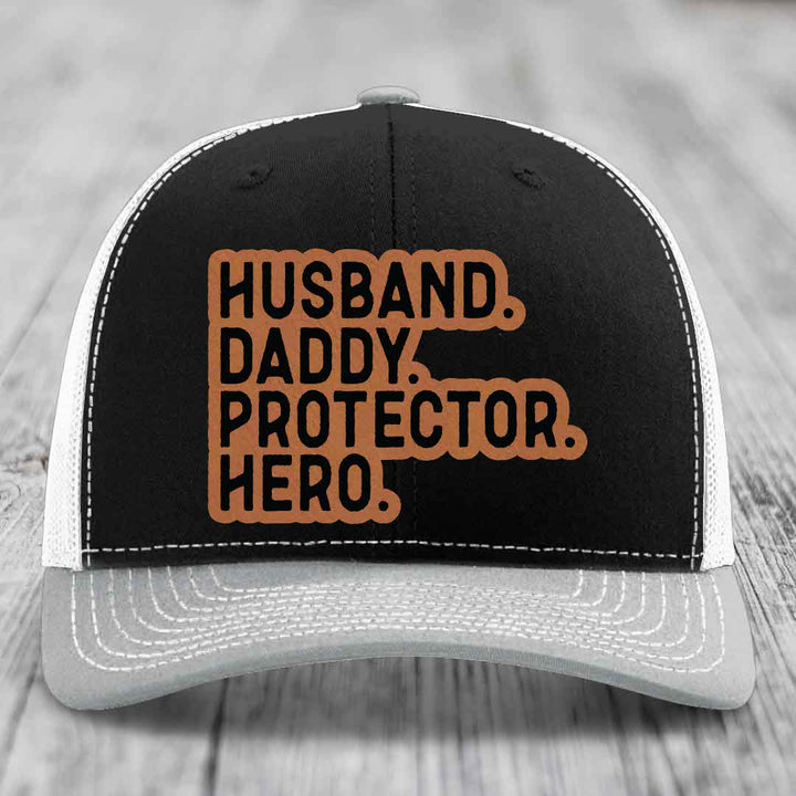 Husband Daddy Protector Hero - Leather Patch Hat - Rawhide to Black Patch - Richardson 112 Snapback Trucker Hat