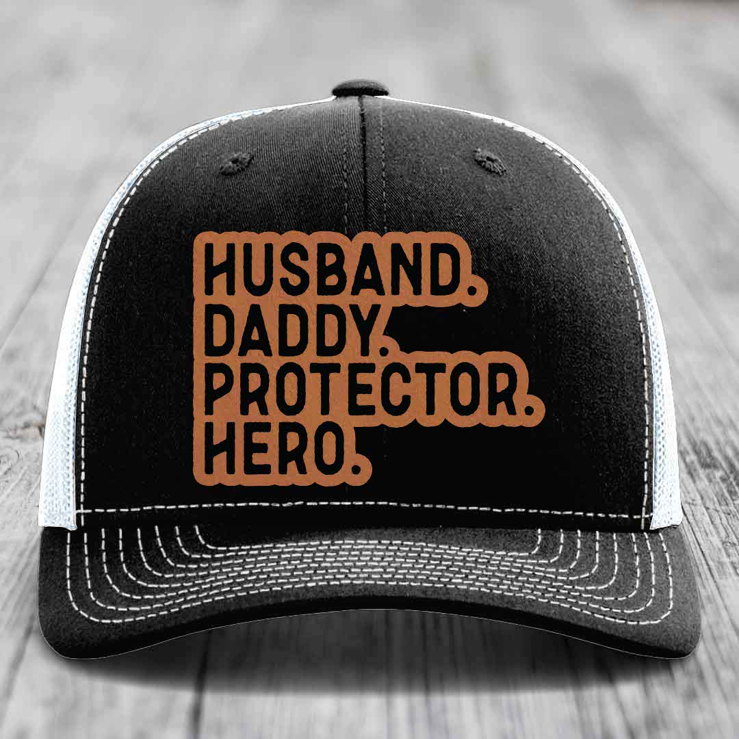 Husband Daddy Protector Hero - Leather Patch Hat - Rawhide to Black Patch - Richardson 112 Snapback Trucker Hat