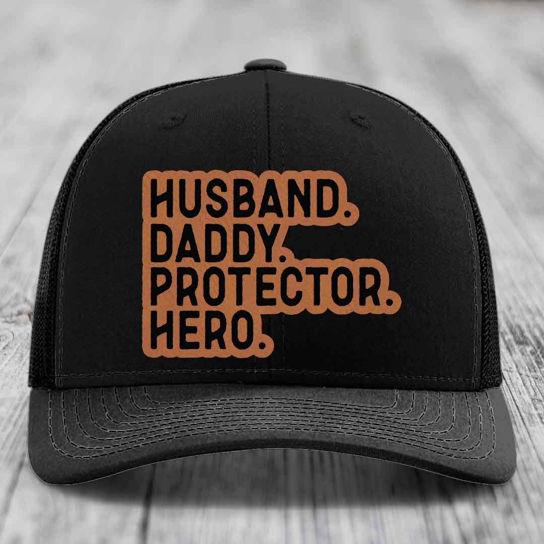 Husband Daddy Protector Hero - Leather Patch Hat - Rawhide to Black Patch - Richardson 112 Snapback Trucker Hat