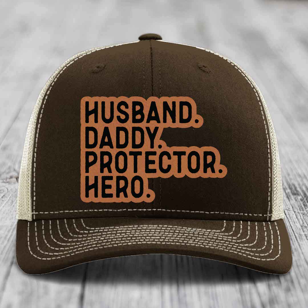 Husband Daddy Protector Hero - Leather Patch Hat - Rawhide to Black Patch - Richardson 112 Snapback Trucker Hat