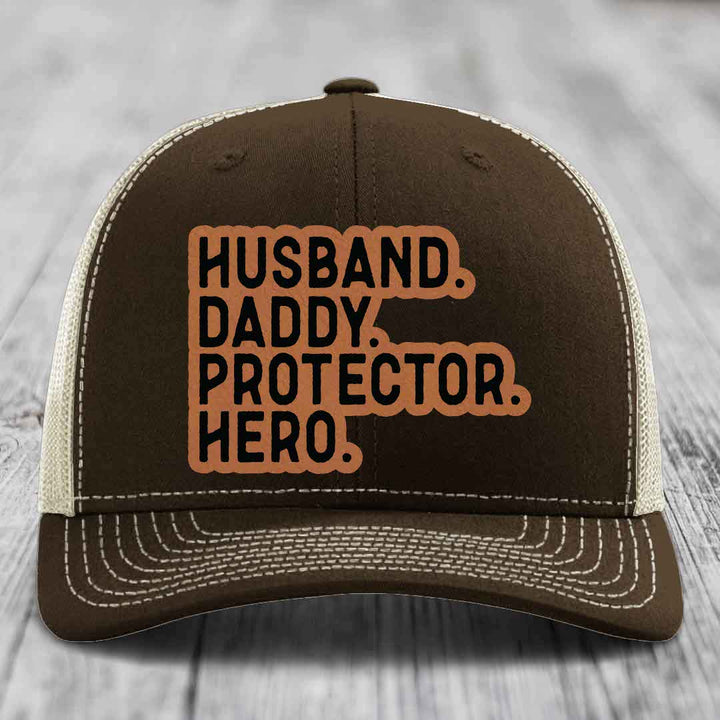 Husband Daddy Protector Hero - Leather Patch Hat - Rawhide to Black Patch - Richardson 112 Snapback Trucker Hat