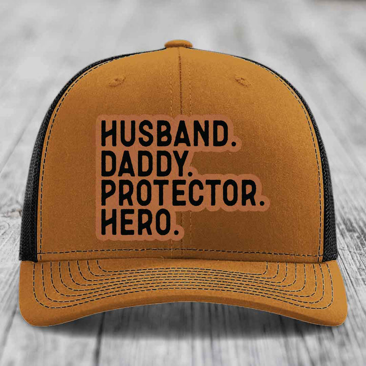 Husband Daddy Protector Hero - Leather Patch Hat - Rawhide to Black Patch - Richardson 112 Snapback Trucker Hat