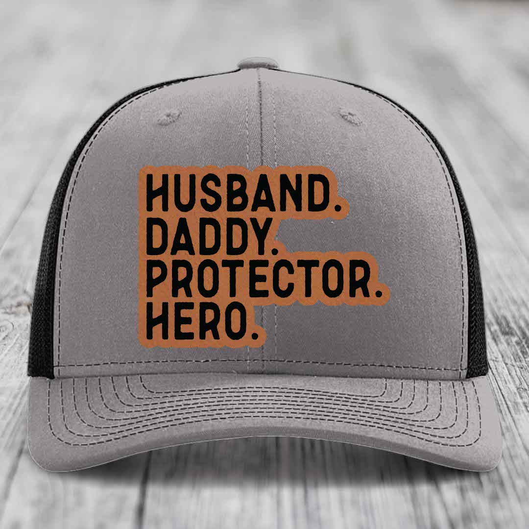 Husband Daddy Protector Hero - Leather Patch Hat - Rawhide to Black Patch - Richardson 112 Snapback Trucker Hat