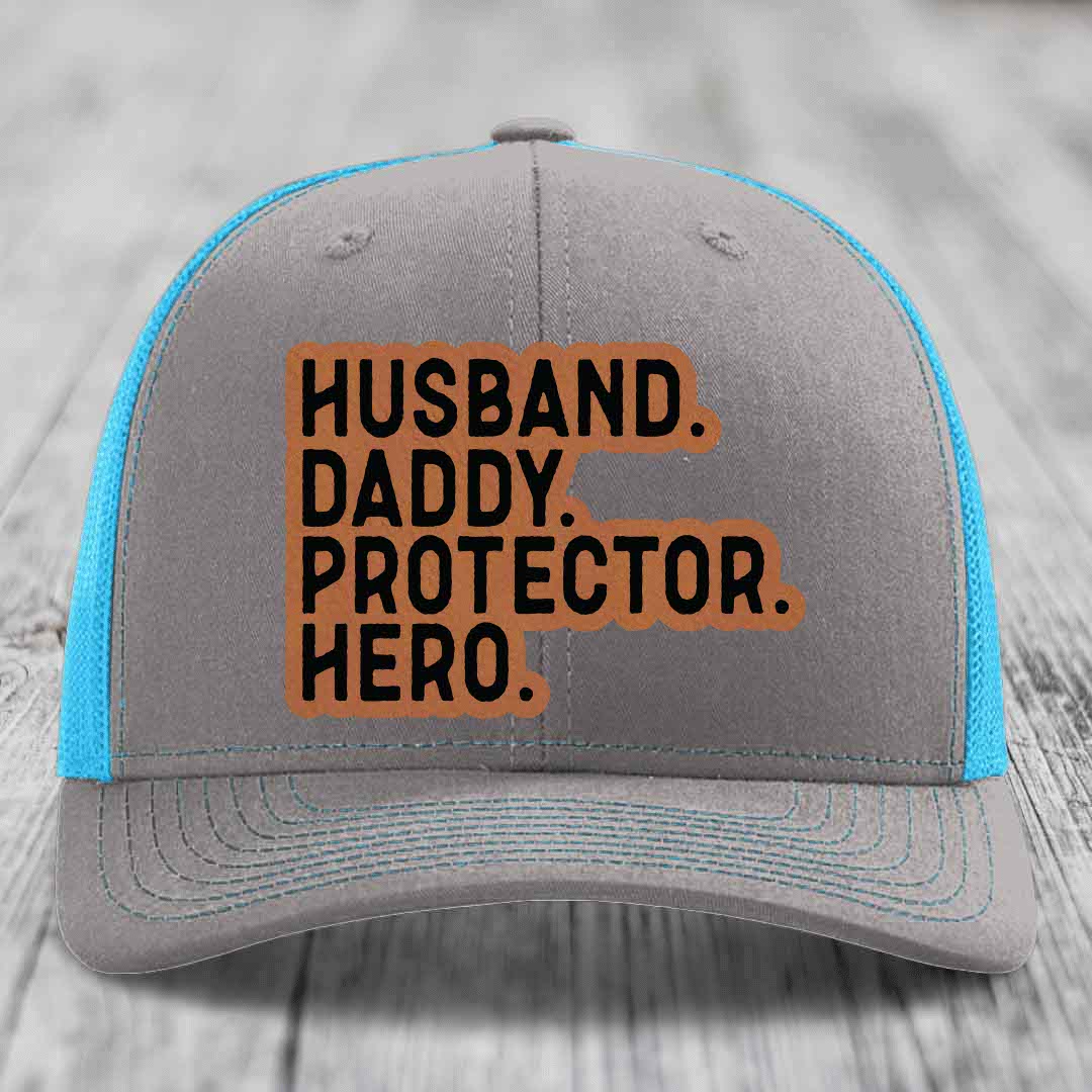 Husband Daddy Protector Hero - Leather Patch Hat - Rawhide to Black Patch - Richardson 112 Snapback Trucker Hat