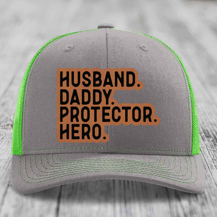Husband Daddy Protector Hero - Leather Patch Hat - Rawhide to Black Patch - Richardson 112 Snapback Trucker Hat