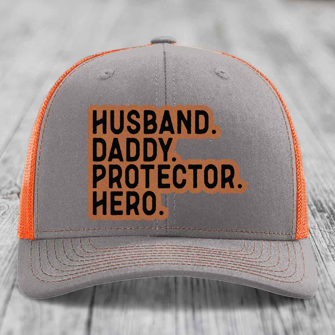 Husband Daddy Protector Hero - Leather Patch Hat - Rawhide to Black Patch - Richardson 112 Snapback Trucker Hat