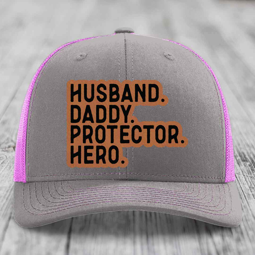 Husband Daddy Protector Hero - Leather Patch Hat - Rawhide to Black Patch - Richardson 112 Snapback Trucker Hat