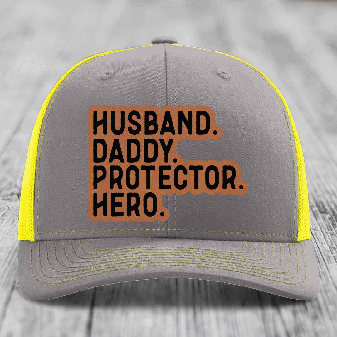Husband Daddy Protector Hero - Leather Patch Hat - Rawhide to Black Patch - Richardson 112 Snapback Trucker Hat