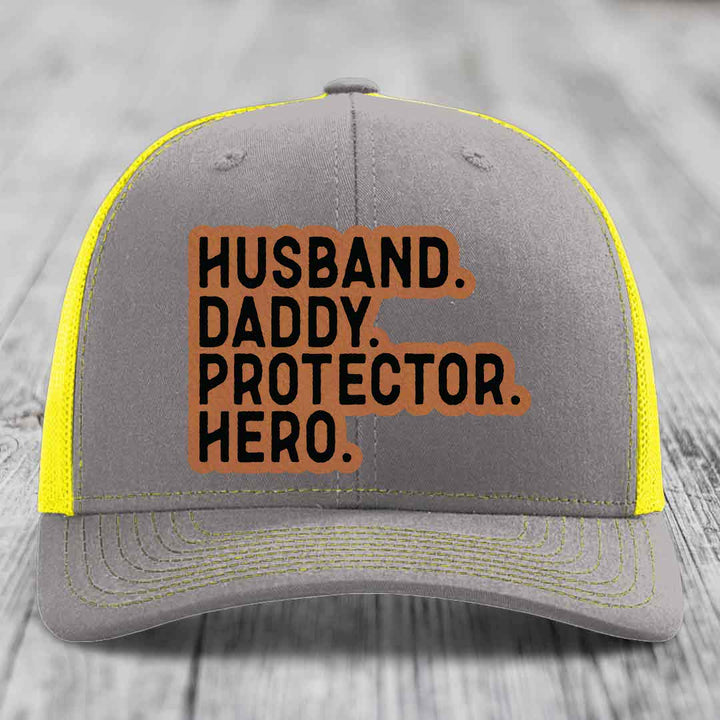 Husband Daddy Protector Hero - Leather Patch Hat - Rawhide to Black Patch - Richardson 112 Snapback Trucker Hat