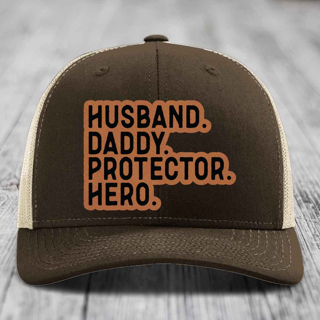 Husband Daddy Protector Hero - Leather Patch Hat - Rawhide to Black Patch - Richardson 112 Snapback Trucker Hat