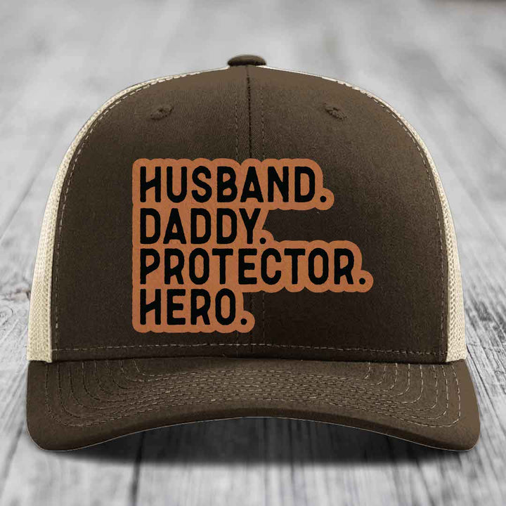 Husband Daddy Protector Hero - Leather Patch Hat - Rawhide to Black Patch - Richardson 112 Snapback Trucker Hat