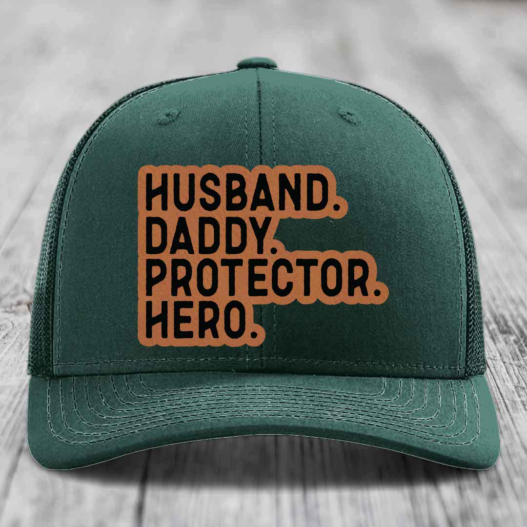 Husband Daddy Protector Hero - Leather Patch Hat - Rawhide to Black Patch - Richardson 112 Snapback Trucker Hat