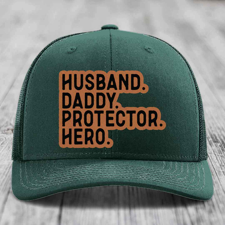 Husband Daddy Protector Hero - Leather Patch Hat - Rawhide to Black Patch - Richardson 112 Snapback Trucker Hat