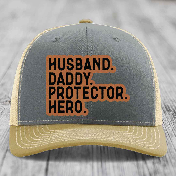 Husband Daddy Protector Hero - Leather Patch Hat - Rawhide to Black Patch - Richardson 112 Snapback Trucker Hat