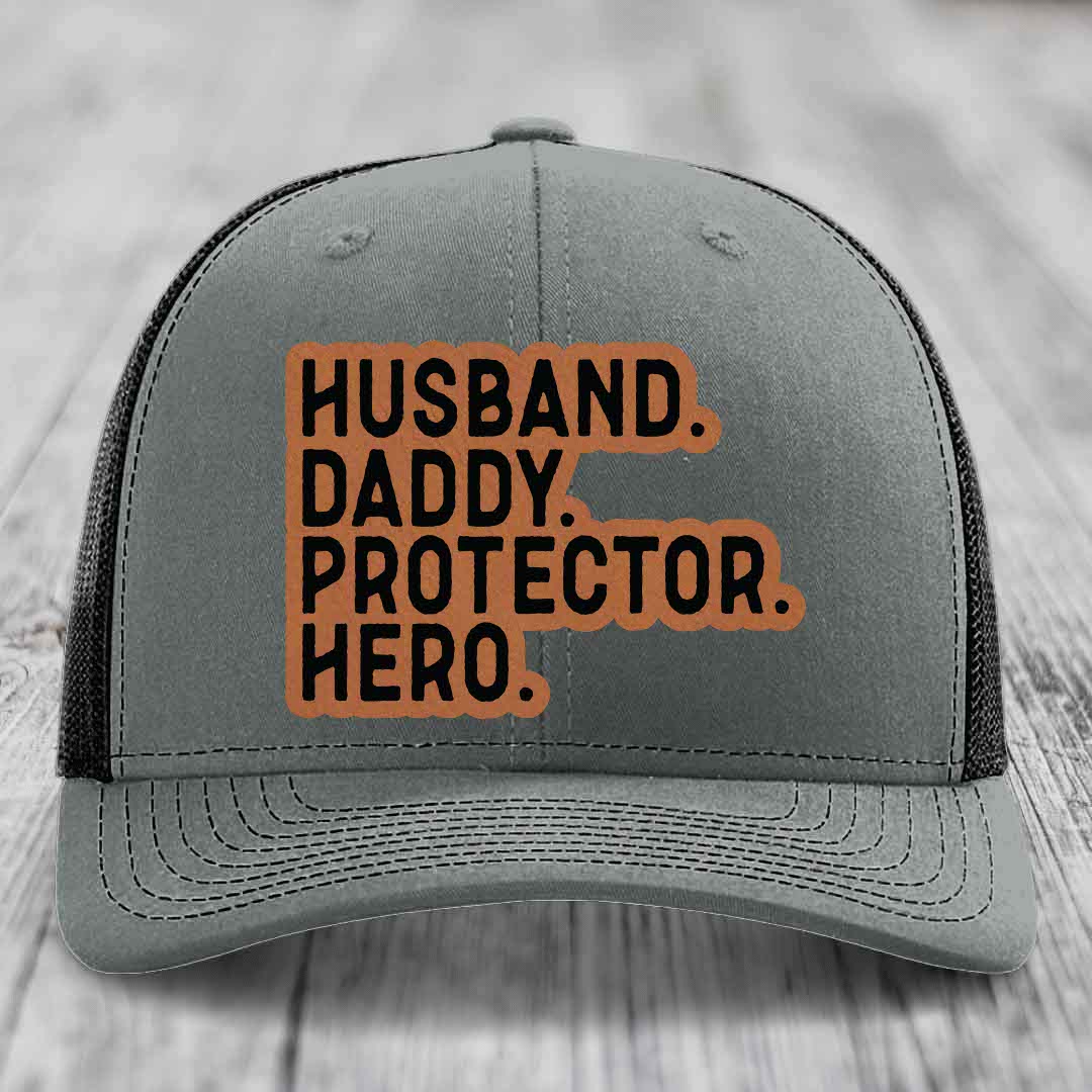 Husband Daddy Protector Hero - Leather Patch Hat - Rawhide to Black Patch - Richardson 112 Snapback Trucker Hat