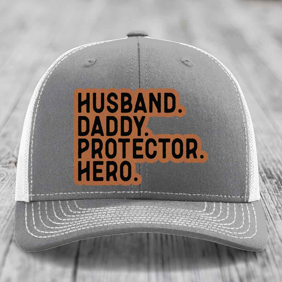 Husband Daddy Protector Hero - Leather Patch Hat - Rawhide to Black Patch - Richardson 112 Snapback Trucker Hat
