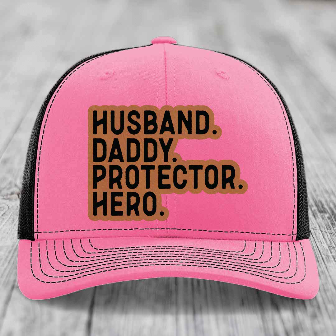 Husband Daddy Protector Hero - Leather Patch Hat - Rawhide to Black Patch - Richardson 112 Snapback Trucker Hat