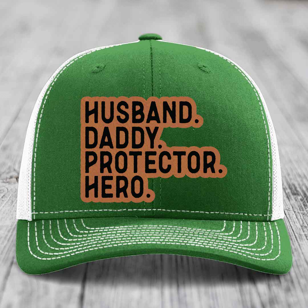 Husband Daddy Protector Hero - Leather Patch Hat - Rawhide to Black Patch - Richardson 112 Snapback Trucker Hat
