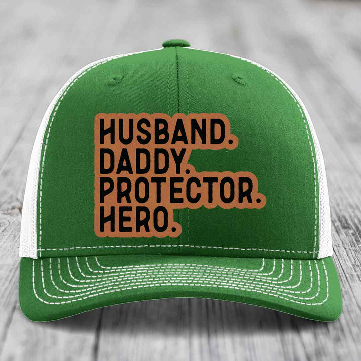 Husband Daddy Protector Hero - Leather Patch Hat - Rawhide to Black Patch - Richardson 112 Snapback Trucker Hat