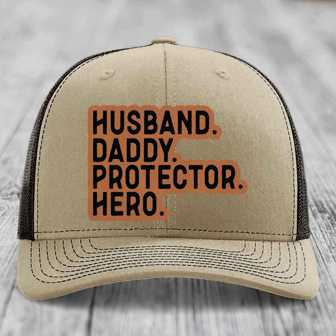 Husband Daddy Protector Hero - Leather Patch Hat - Rawhide to Black Patch - Richardson 112 Snapback Trucker Hat
