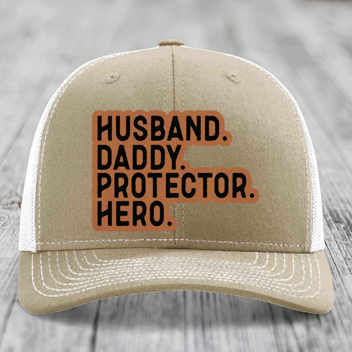 Husband Daddy Protector Hero - Leather Patch Hat - Rawhide to Black Patch - Richardson 112 Snapback Trucker Hat