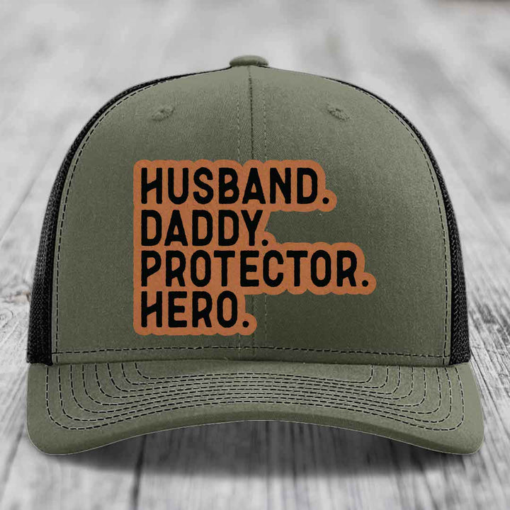 Husband Daddy Protector Hero - Leather Patch Hat - Rawhide to Black Patch - Richardson 112 Snapback Trucker Hat
