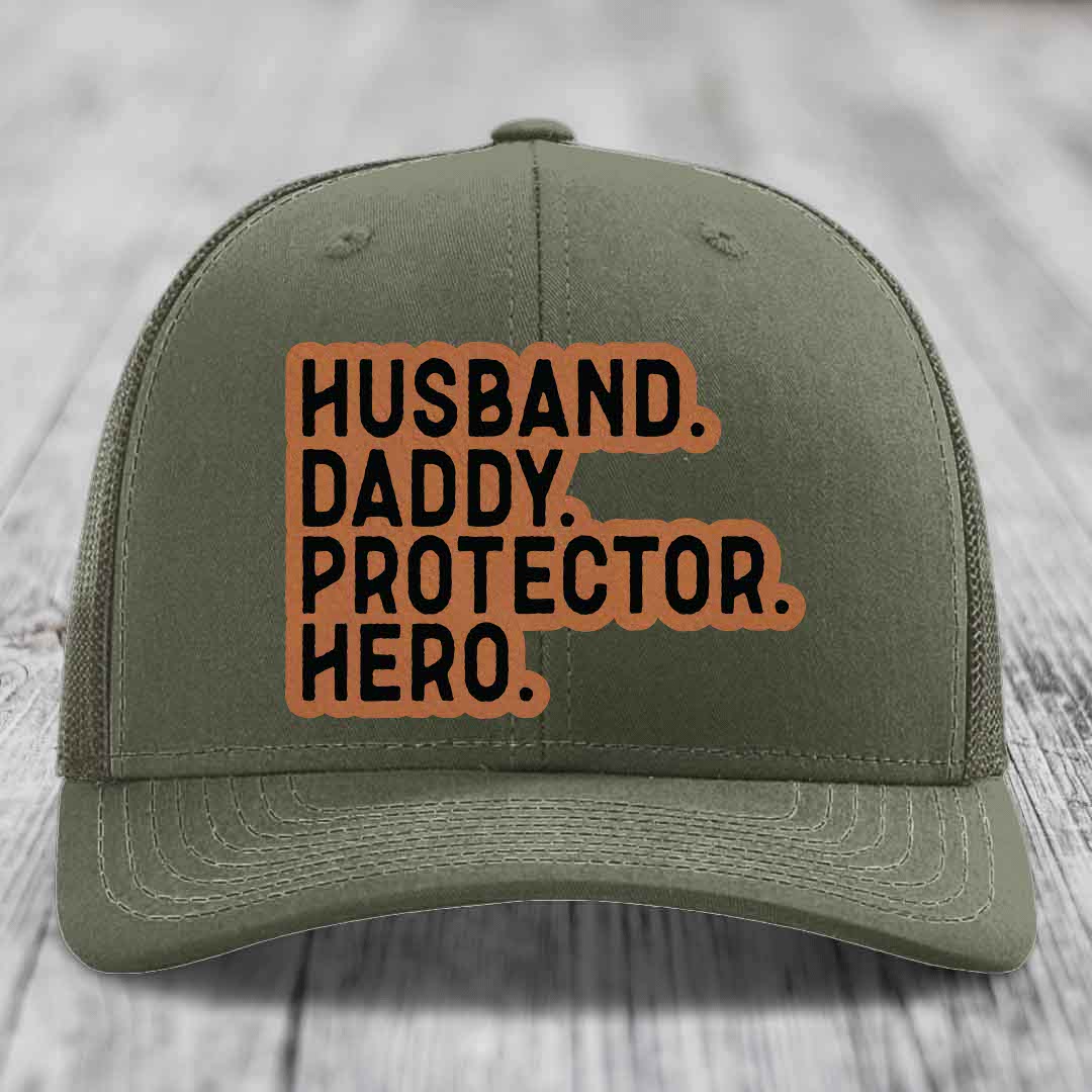Husband Daddy Protector Hero - Leather Patch Hat - Rawhide to Black Patch - Richardson 112 Snapback Trucker Hat
