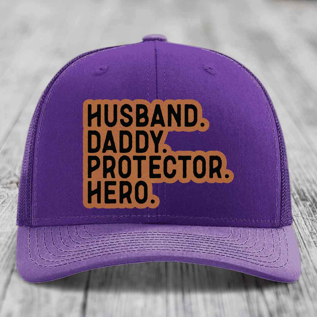 Husband Daddy Protector Hero - Leather Patch Hat - Rawhide to Black Patch - Richardson 112 Snapback Trucker Hat