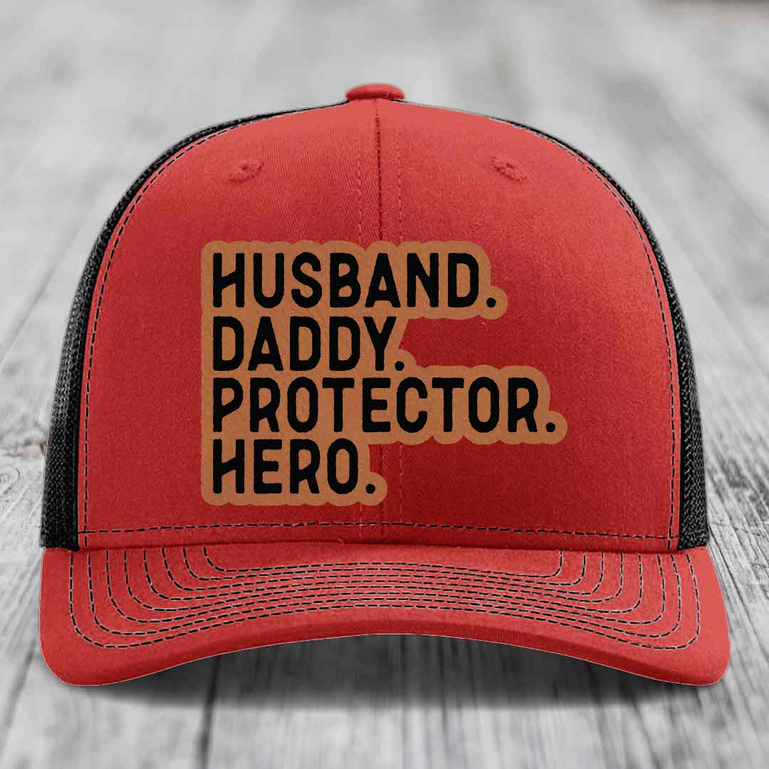 Husband Daddy Protector Hero - Leather Patch Hat - Rawhide to Black Patch - Richardson 112 Snapback Trucker Hat