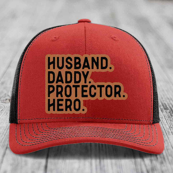 Husband Daddy Protector Hero - Leather Patch Hat - Rawhide to Black Patch - Richardson 112 Snapback Trucker Hat