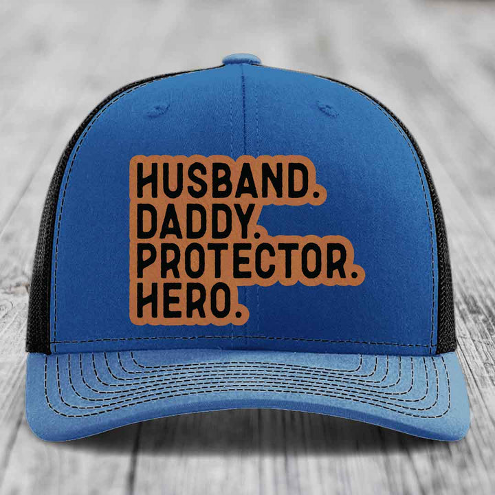 Husband Daddy Protector Hero - Leather Patch Hat - Rawhide to Black Patch - Richardson 112 Snapback Trucker Hat