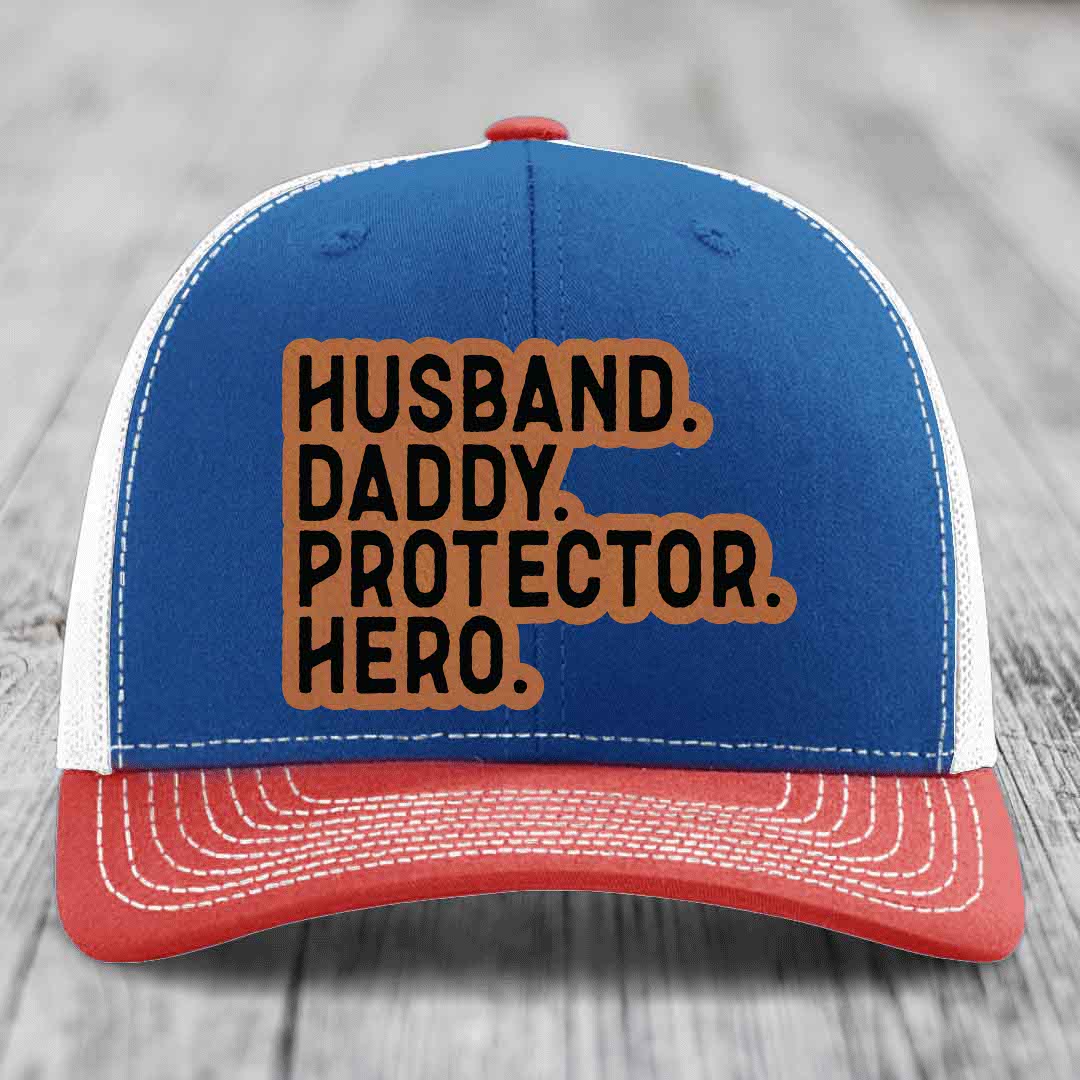 Husband Daddy Protector Hero - Leather Patch Hat - Rawhide to Black Patch - Richardson 112 Snapback Trucker Hat