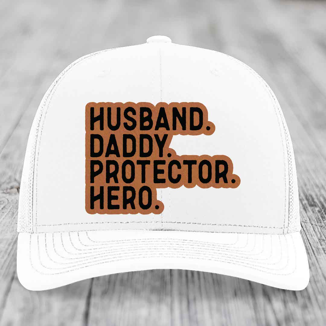Husband Daddy Protector Hero - Leather Patch Hat - Rawhide to Black Patch - Richardson 112 Snapback Trucker Hat