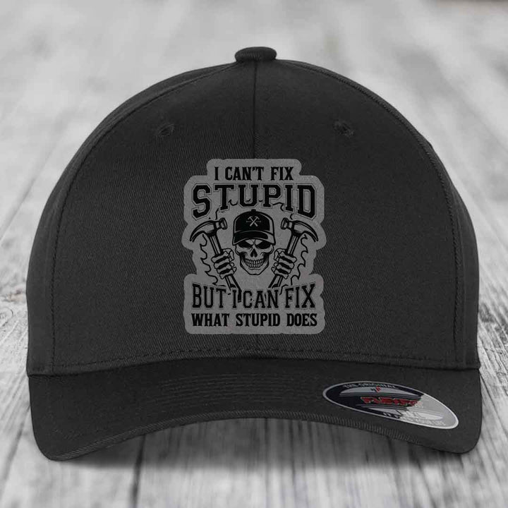 I Cant Fix Stupid But I Can Fix What Stupid Does - Leather Patch Hat - Grey to Black Patch - Flexfit 6277 Fitted Hat