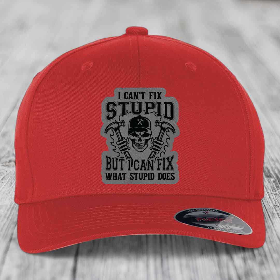 I Cant Fix Stupid But I Can Fix What Stupid Does - Leather Patch Hat - Grey to Black Patch - Flexfit 6277 Fitted Hat