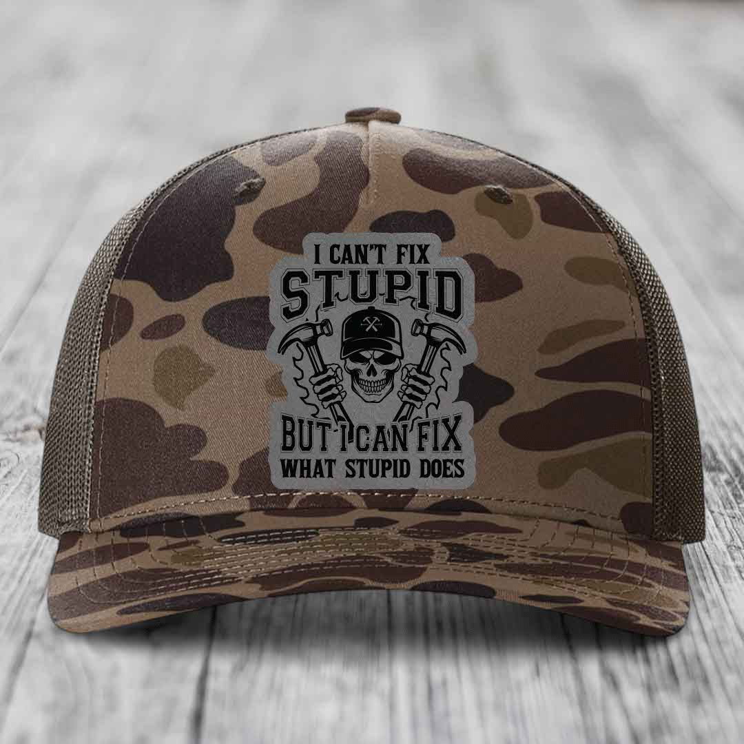 I Cant Fix Stupid But I Can Fix What Stupid Does - Leather Patch Hat - Grey to Black Patch - Richardson 112PFP Snapback Trucker Hat