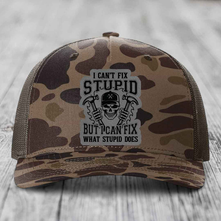 I Cant Fix Stupid But I Can Fix What Stupid Does - Leather Patch Hat - Grey to Black Patch - Richardson 112PFP Snapback Trucker Hat