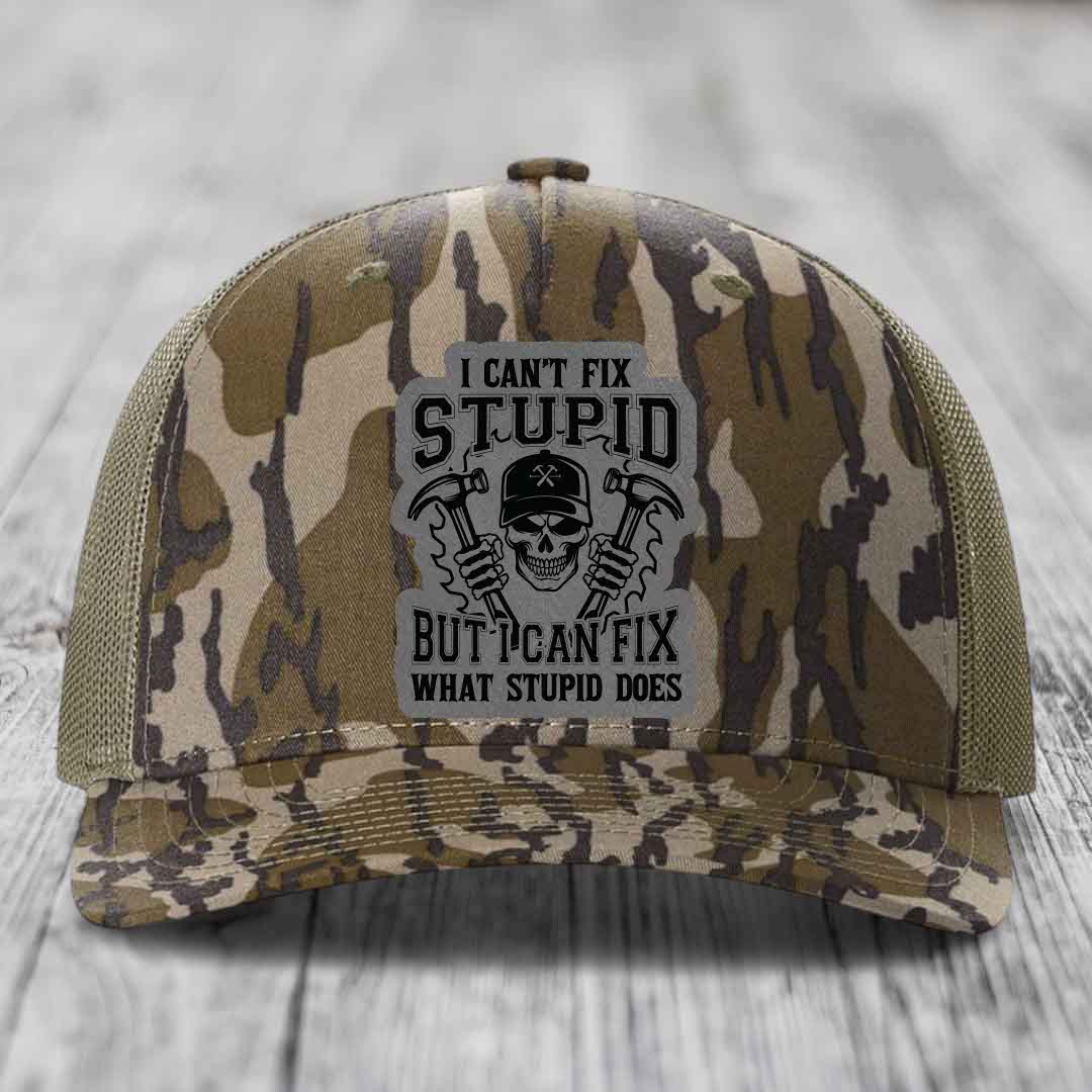 I Cant Fix Stupid But I Can Fix What Stupid Does - Leather Patch Hat - Grey to Black Patch - Richardson 112PFP Snapback Trucker Hat