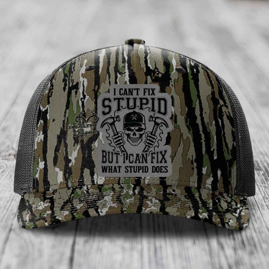 I Cant Fix Stupid But I Can Fix What Stupid Does - Leather Patch Hat - Grey to Black Patch - Richardson 112PFP Snapback Trucker Hat